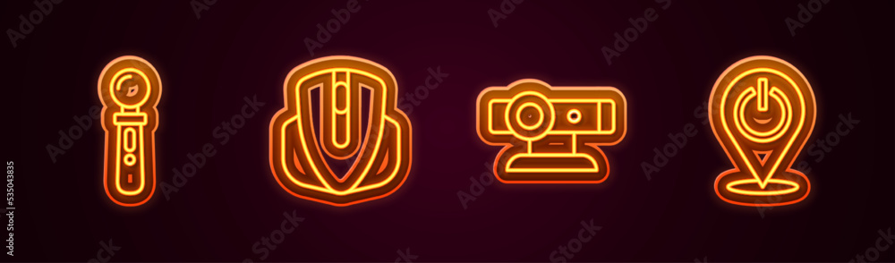 Aufkleber set line vr controller game, computer mouse, web camera and power button. glowing neon icon. vector