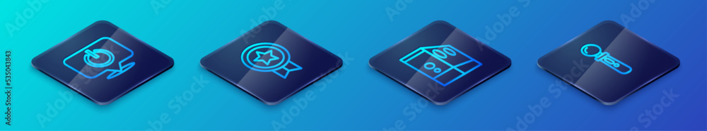 Poster set isometric line case of computer, power button, vr controller game and game rating with medal ico