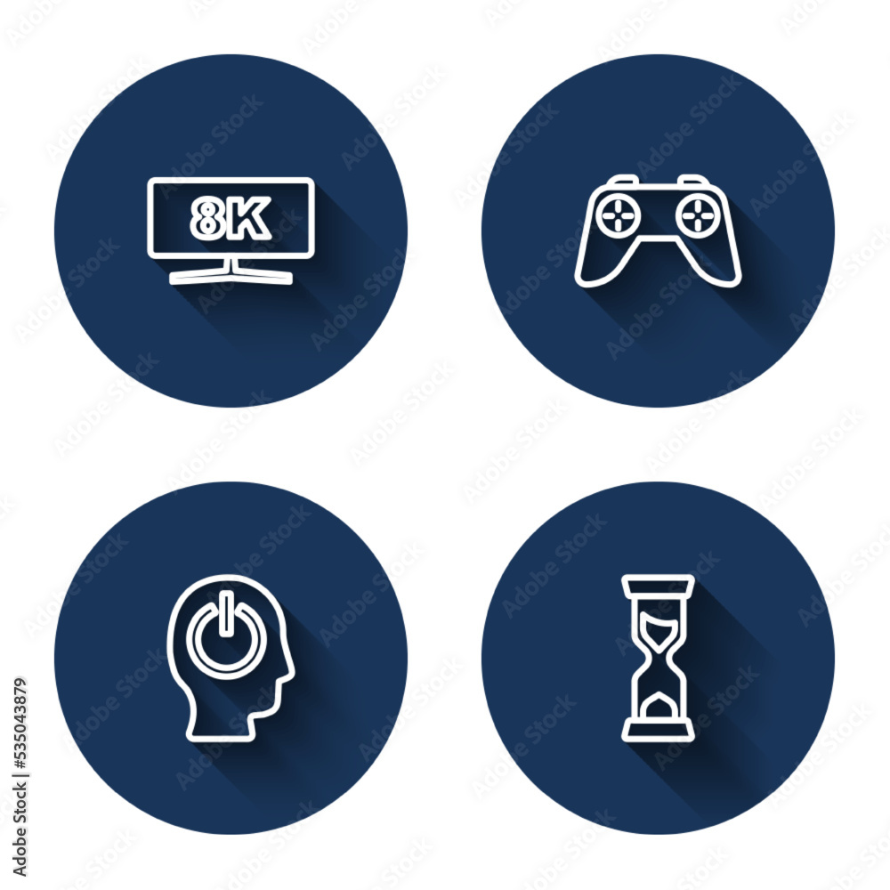 Poster set line computer monitor, game controller joystick, power button and old hourglass with long shadow