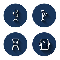 Set line Coat stand, Floor lamp, Chair and Armchair with long shadow. Blue circle button. Vector