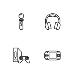 Set line Portable video game console, Game with joystick, VR controller and Headphones icon. Vector