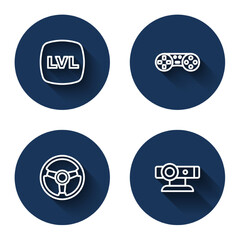 Set line Level game, Game controller or joystick, Racing simulator and Web camera with long shadow. Blue circle button. Vector