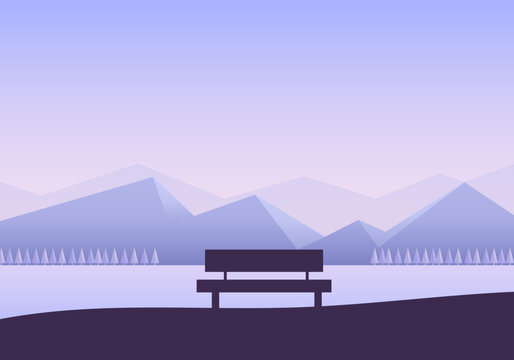 Winter river landscape with banch and mountain view