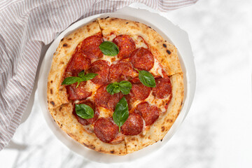 salami pizza pepperoni fast food Takeaway snack healthy meal top view