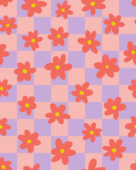 Obraz premium Naive, kid core simple flowers with check background all over surface print. Random placed, vector florals on grid seamless repeat pattern.