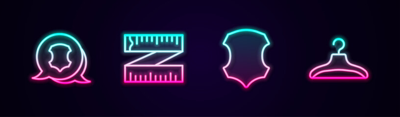 Set line Leather, Tape measure, and Hanger wardrobe. Glowing neon icon. Vector