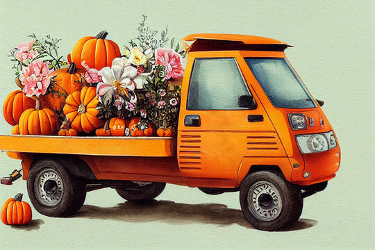 3d illustration Piaggio ape with cute autumn decoration watercolor illustration