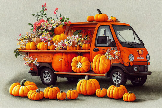 3d ilustration piaggio ape with cute autumn floral decoration watercolor illustration.
