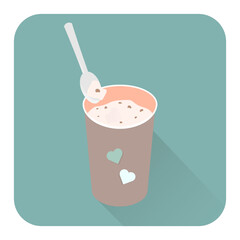 White yogurt dessert with spoon isolated on blue background with long shadow. Yogurt cup with hearts design on it and with chocolate balls.