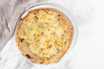 Cinque Formaggi or Five-Cheese Pizza on white background for restaurant menu.