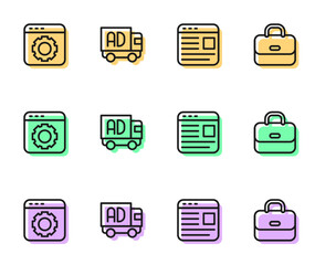 Set line Advertising, Browser setting, on truck and Briefcase icon. Vector