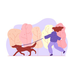 Happy girl in warm clothes running with dog vector flat illustration. Joyful female in scarf enjoying walking at spring or autumn season isolated on white. Woman and pet having fun together