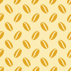 Coffee beans seamless pattern. Coffee background in retro color. Coffee bean in gold color. Coffee shop design for print on wrapping paper, wallpaper, packaging, menu. Vector illustration