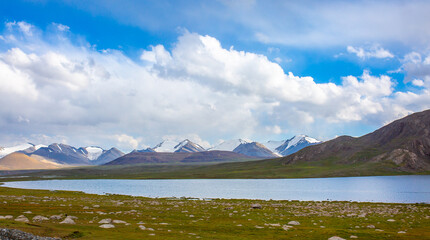 Mountain blue lake among the rocks. Beautiful landscape. Wonderful nature. Long banner, panoramic view