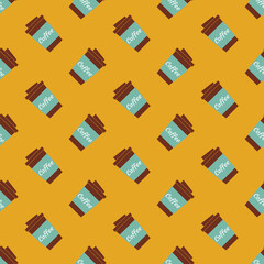 Cup coffee seamless pattern. Coffee background in retro color. Icon coffee to go. Concept takeaway drink. Vintage design for print on wrapping paper, wallpaper, packaging, menu. Vector illustration