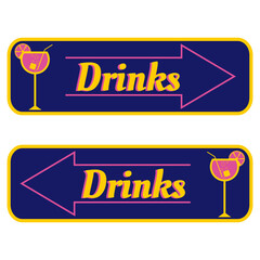 Cocktail signboard. Pointing sign on cocktail party. Vintage signboard with text. Signpost for party, bar, pub. Party location. Arrow pointers drinks in retro color. Vector illustration