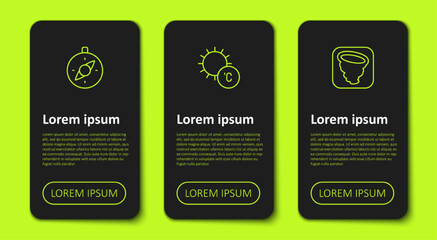 Set line Compass, Sun and Tornado. Business infographic template. Vector