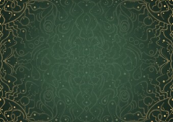 Hand-drawn unique abstract ornament. Light green on a dark warm green background, with vignette in golden glitter on darker background color. Paper texture. Digital artwork, A4. (pattern: p07-2a)