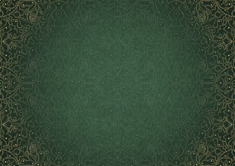 Hand-drawn unique abstract ornament. Light green on a dark warm green background, with vignette in golden glitter on darker background color. Paper texture. Digital artwork, A4. (pattern: p07-2b)