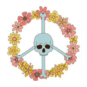 Halloween Skeleton Peace Sign made of Hippie Groovy Bony Scull and Daisy floral wreath. Flower power braincase boho concept. Linear aesthetic hand drawn vector illustration.