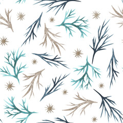 Fototapeta na wymiar Blue green turqiouse bronze golden glitter seamess pattern with shining stars and tree twigs or branches modern vintage. Watercolor hand drawn illustration