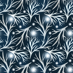 seamless pattern dark blue white branches winter twigs.light blue on dark background