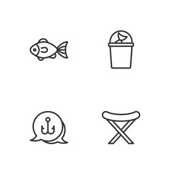 Set line Camping folding chair, Fishing hook, and bucket with fish icon. Vector