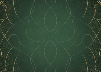 Hand-drawn unique abstract ornament. Light green on a dark warm green background, with vignette in golden glitter and splatters on darker background color. Paper texture. A4. (pattern: p08-1a)