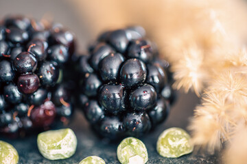 Macro shot of ripe blackberries, natural background.
