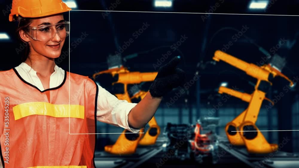 Poster engineer use cybernated robotic software to control industry robot arm in factory . automation manuf
