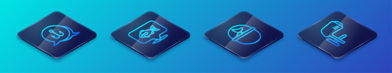 Set Isometric line Fishing bucket with fish, hook, Outboard boat motor and Location fishing icon. Vector