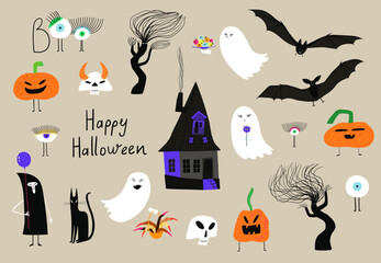 Spooky cartoon set of Halloween illustrations