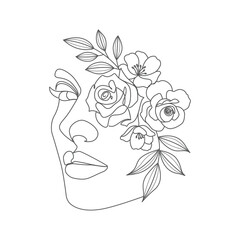 Woman head and eyes with flowers linear elegant line art style illustration