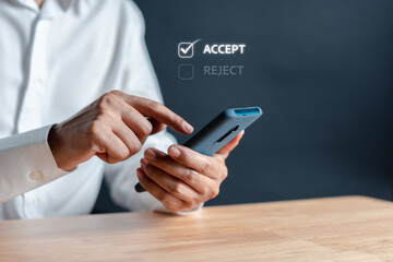 Businessman using smartphone touch correct mark to approve document and project concept.