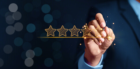Businessman writing five stars for customer feedback and evaluation in experience service and...
