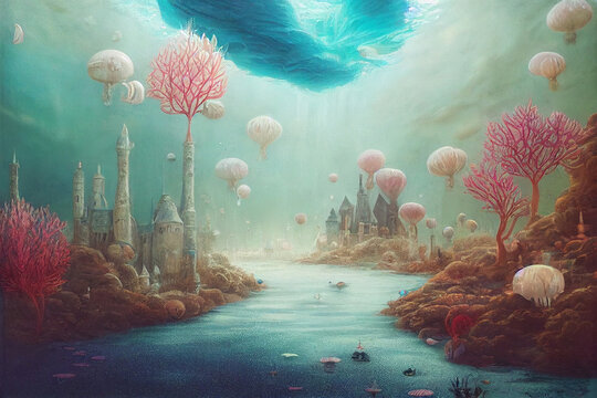 Strange Surreal Underwater Fantasy  City , Fantasy Background, Digital Illustration