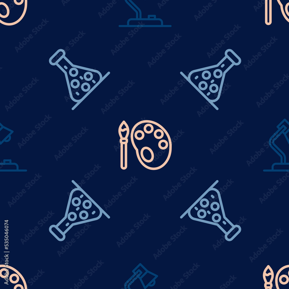 Poster set line table lamp, test tube and paint brush with palette on seamless pattern. vector