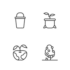 Set line Fruit tree, Apple, Bucket and Plant in pot icon. Vector