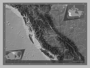 British Columbia, Canada. Grayscale. Labelled points of cities
