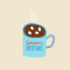 Funny cartoon cup of hot drink and marshmallow