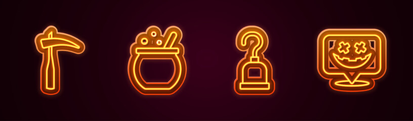 Set line Scythe, Halloween witch cauldron, Pirate hook and Happy holiday. Glowing neon icon. Vector