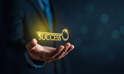 Businessman holding gold key success business planning and strategy creative smart thinking ideas and innovation concept.