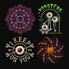Set of halloween vintage labels with monsters, eyeballs, bones, pumpkin, candy, silhouette of skull, round halftone shapes, text. Bright colorful creative illustration