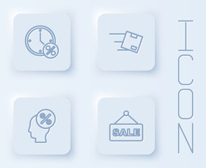 Set line Clock and percent discount, Location with cardboard box, Discount tag and Hanging sign text Sale. White square button. Vector