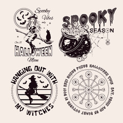 Set of halloween vintage labels with pretty young witch, broomstick, moon, silhouette of bat, cat, stars, cauldron, eyeballs Mandala with bones, eyes, text Monochrome illustration on white backdrop