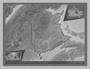 New Brunswick, Canada. Grayscale. Labelled points of cities