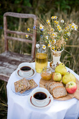 Rural romantic breakfast outdoors in the field