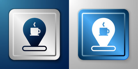 White Location with coffee cup icon isolated on blue and grey background. Silver and blue square button. Vector