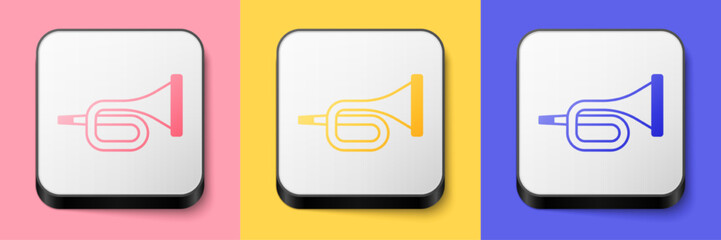 Isometric Musical instrument trumpet icon isolated on pink, yellow and blue background. Square button. Vector