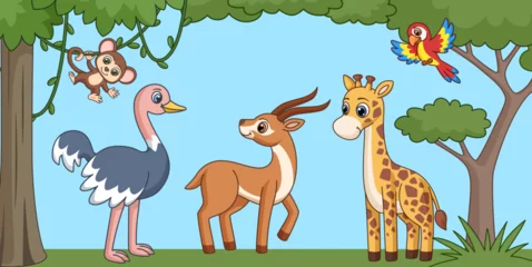 Wandaufkleber Cute cartoon african exotic animals background. Wild animals illustration, vector kids adventure book scene with monkey, giraffe and parrot © LadadikArt